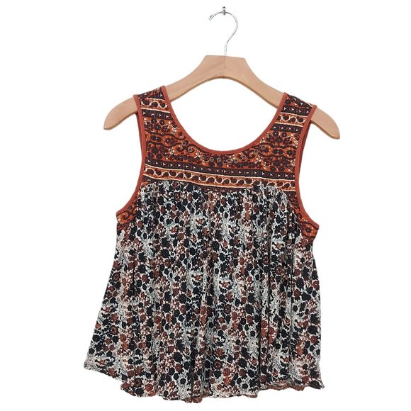 Free People Tops - Free People Boho Top Womens Small Brown Sleeveless Pleated Round Neck Floral